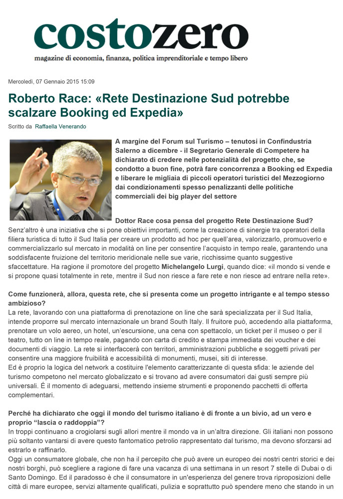 Roberto Race: Rete Destinazione Sud potrebbe scalzare Booking ed Expedia